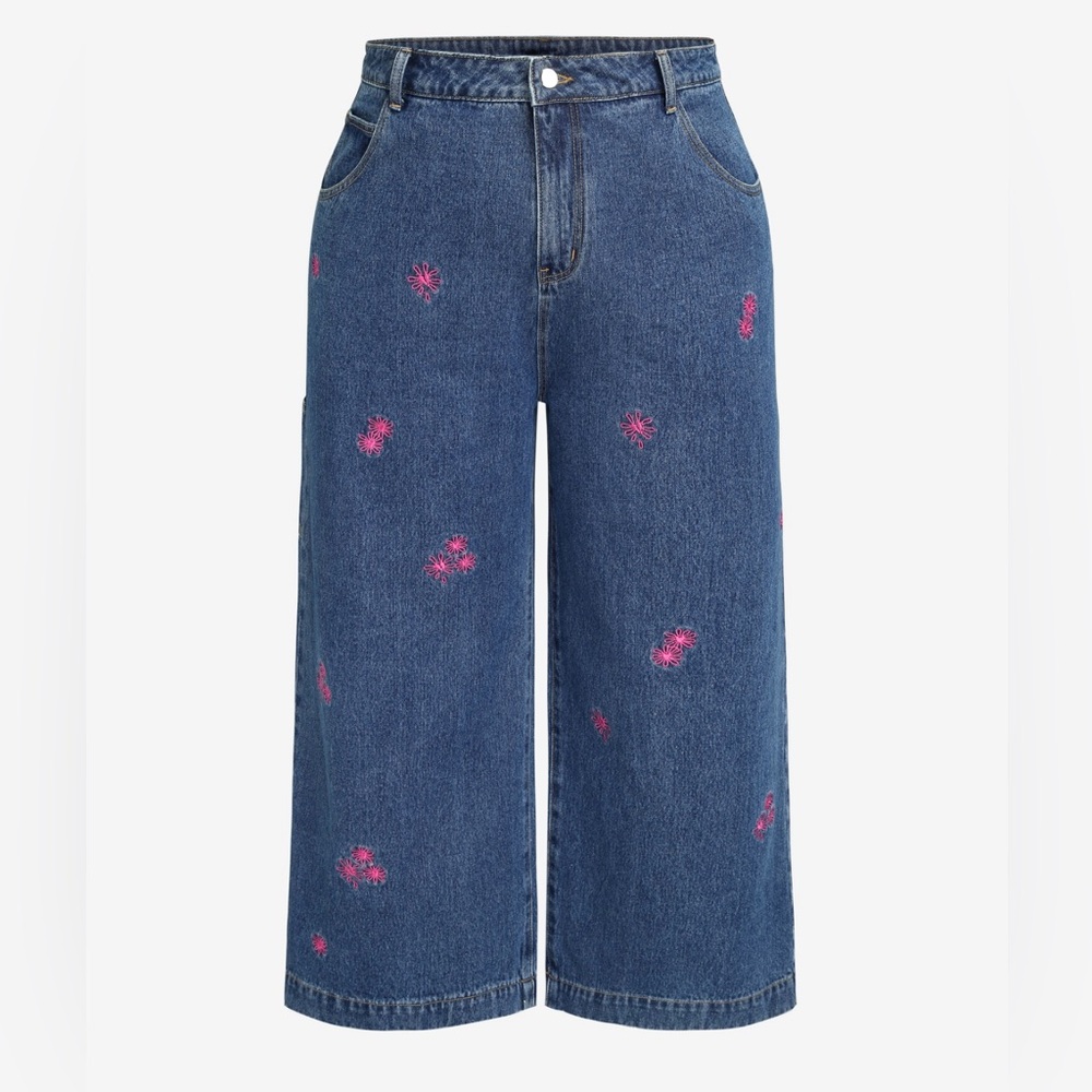 Cider Wide Leg Jeans Pink Floral Embroidery Blue Denim SZ 1XL EUC
